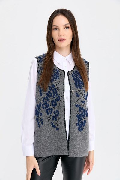 Desen Triko Smoke Colored Women's Wool Vest - Null Collar, Puppy Flower Pattern