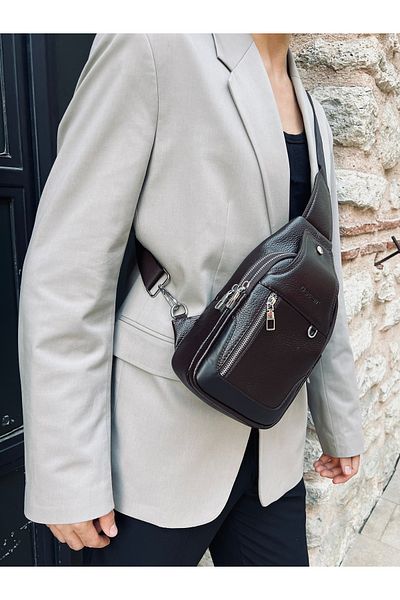 DERKON Brown Genuine Leather Posedo Model Bodybag - Shoulder and Chest Bag