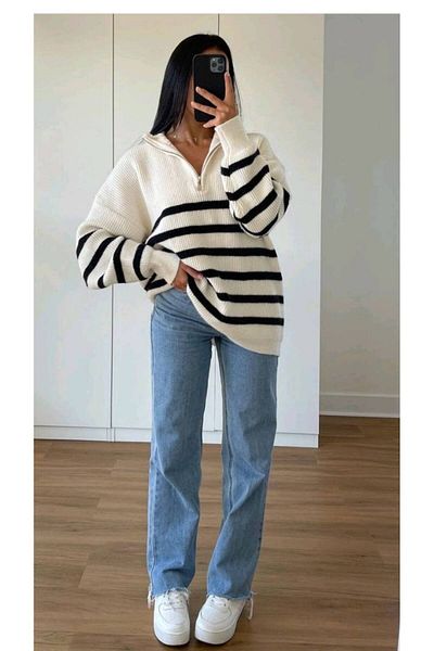 ÇEÇİM Pulover tricotat cu dungi cu jumătate de fermoar pentru femei ZYN-58739