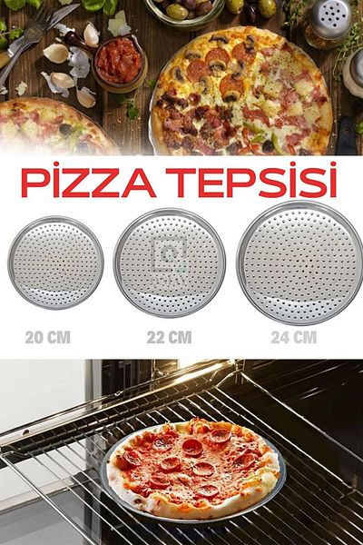 Kalsiyum Mood Set of 3 20*22*24 cm Cooking Non-Stick Steel Perforated Pizza Tray - Compatible with Stove Oven