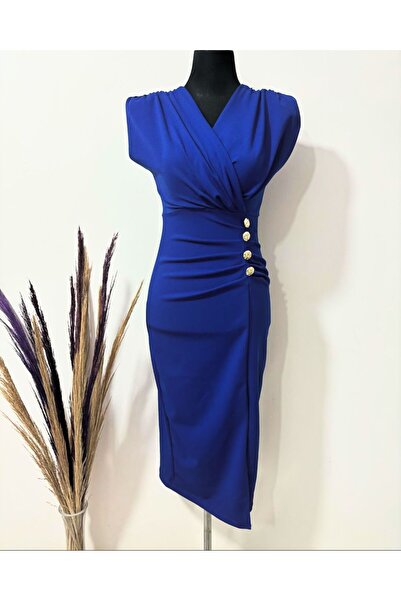 Tuğba Ceylin Butik Gold düğme detaylı midi boy abiye elbise