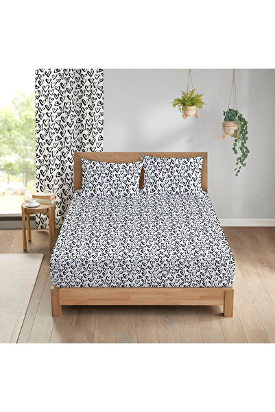 Evmila Set cearșafuri imprimate cu model inimă dublă albă - 160x200 elastice