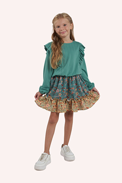 Panço Kız Çocuk Beli Lastikli Yeşil Bluz