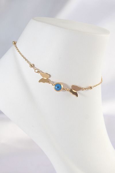 Skygo 316L Steel Gold Color Evil Eye Bead Detail Butterfly Anklet - Tj-Hh1601