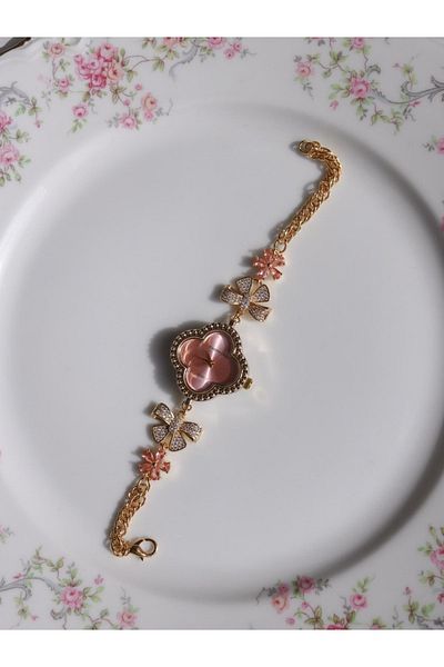 Reorah Collection Rosy Bow Clock - Pink Flower Zircon Stone Clock with Bow