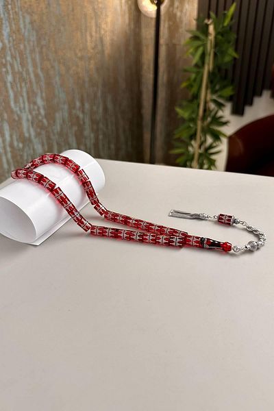 dergah tesbih Silver Embroidered Crimped Amber with Night Red
