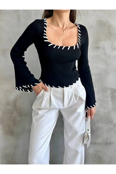 İLKCET MODA Pulover de damă standard cu mânecă cu balon cu guler larg