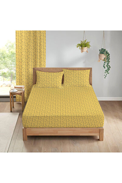 Evmila Set cearșafuri elastice dublu galben 160x200 cm cu modele florale