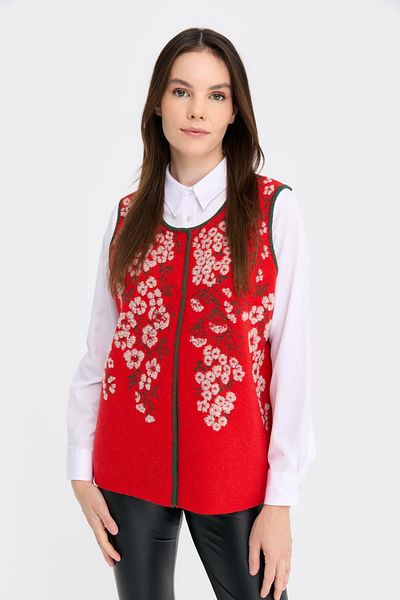 Desen Triko Coral Colored Women's Vest - Null Collar, Puppy Flower Pattern