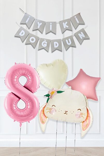 PEKSHOP Pembe Soft Renkler İyi Ki Doğdun Banner Pembe Yaş Balon Tavşan Doğum ...