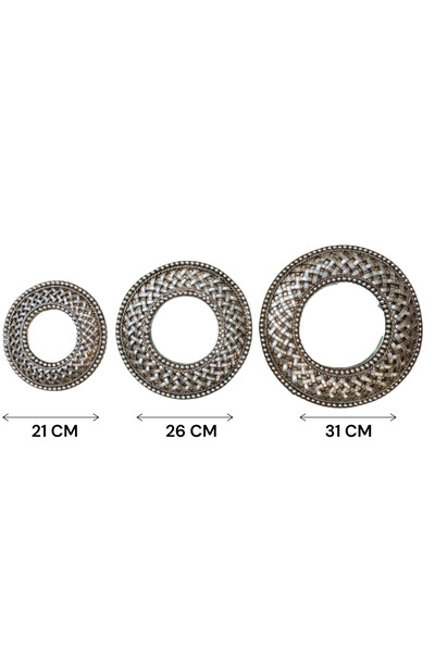Peramari Dekoratif Polyester Yuvarlak Hasırlı Üçlü Ayna Takımı Gümüş Eskitme