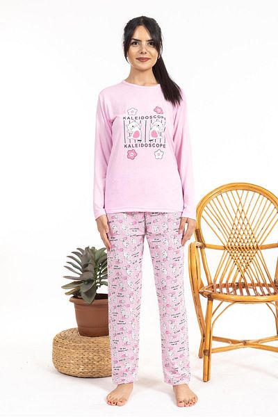 Pemilo 2448 Model Patterned Pink Women's Long Sleeve Pajama Set