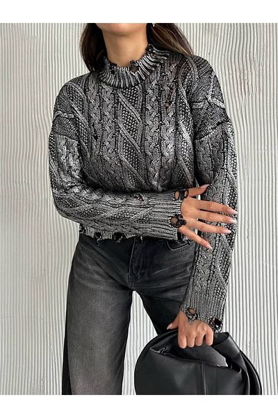 İLKCET MODA Roztrhaný vzorovaný lesklý dámský svetr