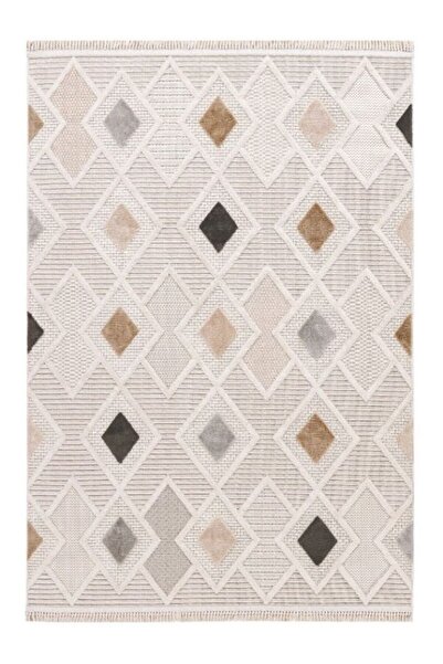 Halımax Enti Halı Bonn 8804 Krem Kabartmalı Salon Halısı Modern Geometrik Makine Halısı