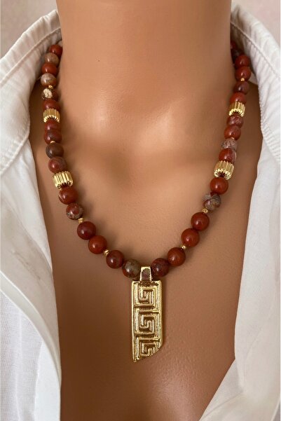 TARZ-I TAKI قلادة نسائية مطلية بالذهب من الحجر الطبيعي العقيق البني بتصميم خا...