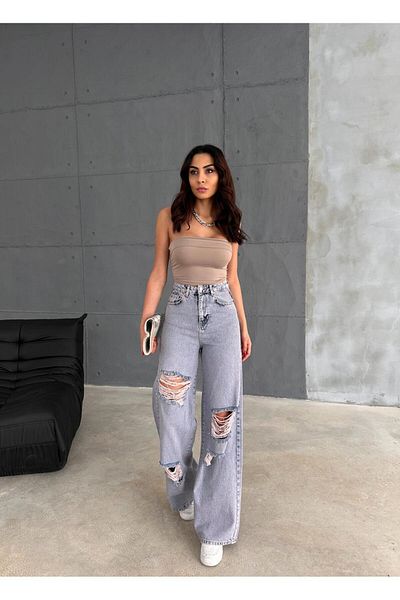 Zeo Basic ZEO BASİC DENIM BAGGY PANTALONI LASER SPĂLARE ZĂpadă TINT