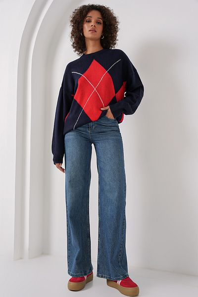 Bigdart 15895 Oversize-Strickpullover mit Rautenmuster – Marineblau