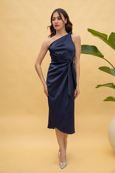 lovebox Shiny Satin Midi Evening Dress - Single Shoulder with Sash Detail, STP-003