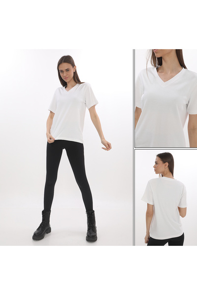 Giyimod WOMEN'S ECRU V-NECK SHORT SLEEVE 100% COTTON INTERLOCK T-SHIRT S-111