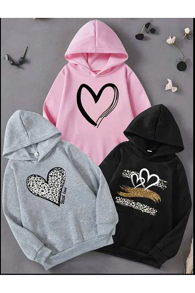 MORNİNG KİDS Girl's 3-Pack Hooded 3-Pack Heart Printed Pink-Black-Grey Sweatshirt