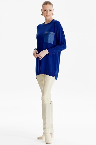 Tığ Triko Deri Cep Detaylı Triko Tunik SAKS