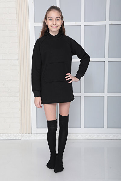 Giyimod GIRL'S BLACK Hooded 3-thread Raster Fleece Raglan Sleeve Dress S-303B...