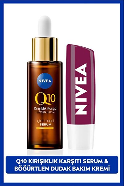 NIVEA Q10 Kırışıklık Karşıtı Çift Etkili Cilt Serumu 30ml, Böğürtlen Işıltılı Dudak Bakım Kremi