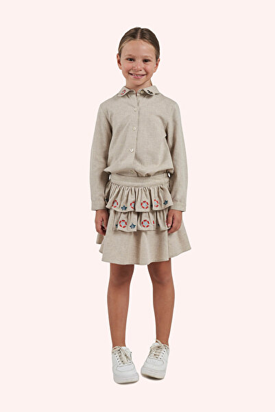 Panço Kız Çocuk Nakış Detaylı Bej Etek