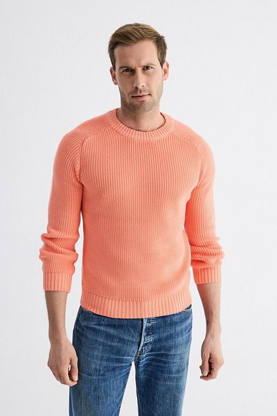 odelon Men's Salmon Colored Crew Neck Thessaloniki Knitted Cotton Knitwear Sweater