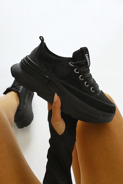 Limoya Ancy Black Parachute Fabric Star Patch Women's Sneakers, Women's Sneakers