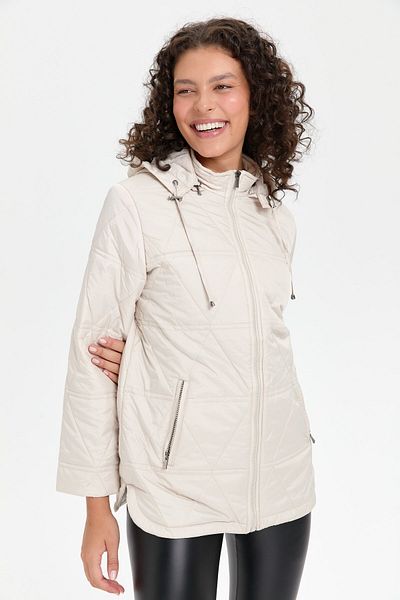 Desen Triko Stone Colored Hooded Triangle Patterned Women's Coat