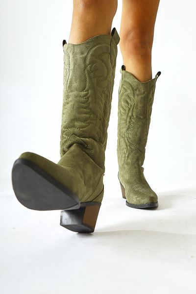 Limoya Florida Khaki Suede Κέντημα Λεπτομερείς μυτερές μύτες Western, Γυναικείες μπότες Cowboy