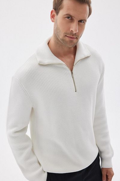 odelon White Knitwear Men's Sweater - Half Zipper, Thessaloniki Knit, Regular Fit, Cotton