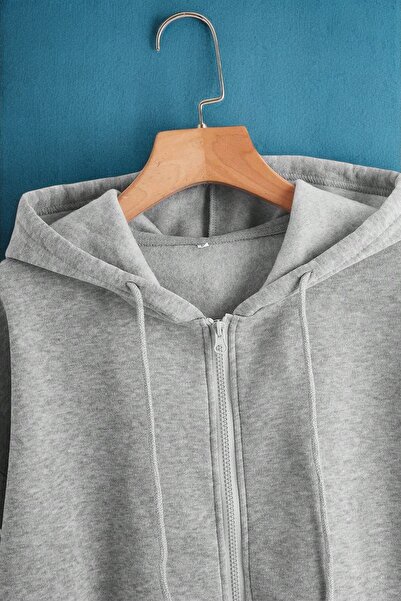 uyguntarz Unisex Gri Fermuar Kapüşonlu Sweatshirt