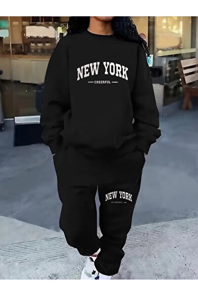 WOODROFFE طقم بدلة رياضية نسائية بطبعة نيويورك - رقبة دائرية، هوديي، مقاس كبي...