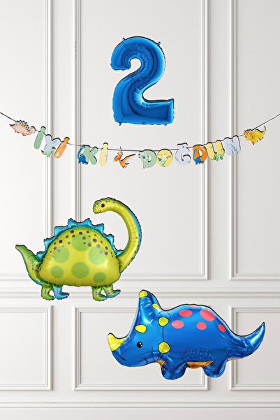 PEKSHOP Dinazor Tema Doğum Günü Balon Süsleme Seti Bannerlı Mavi Yaş Balonlu ...
