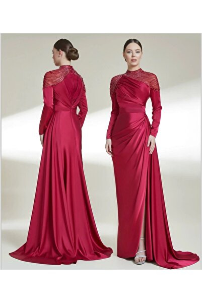 Hanımefendi Giyim Stone Detailed Slit Evening Dress