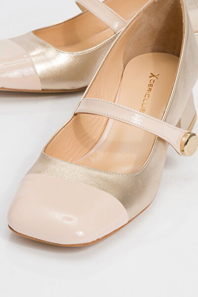 Dericlub DERİCLUB Kadın Kare Küt Burunlu Kalın Topuklu Ayakkabı Gerçek Deri SY 27381 PUDRA/ALTIN