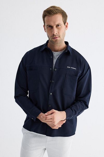 odelon Ανδρικό φούτερ Navy Blue Slim Fit - Εξωτερικό πουκάμισο με λεπτομέρεια