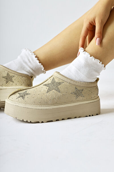 Limoya Sterin Béžové semišové lesklé hvězdné krátké dámské boty s kožešinou uvnitř, dámská bota