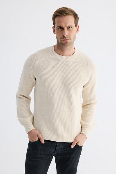 odelon Men's Cream Knitwear Sweater - Crew Neck, Thessaloniki Knit, Cotton
