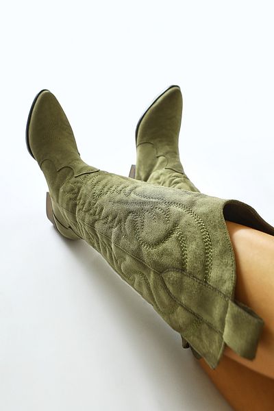 Limoya Florida Khaki Suede Κέντημα Λεπτομερείς μυτερές μύτες Western, Γυναικείες μπότες Cowboy