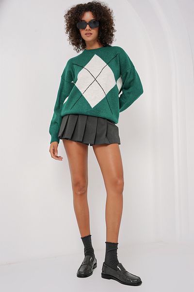 Bigdart 15895 Oversize-Strickpullover mit Rautenmuster – Smaragdgrün