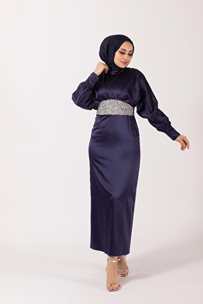 Stilife 24Y4930 ELBİSE SATEN YARASA KOL BELİ TAŞLI LACI