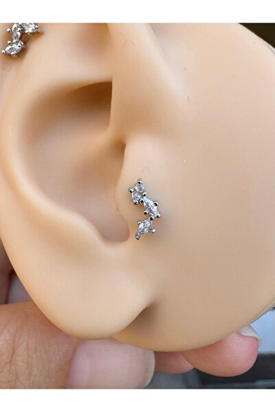 Arescollection 1 adet çelik zirkon taşlı arkası düz önden takmalı tragus heli...