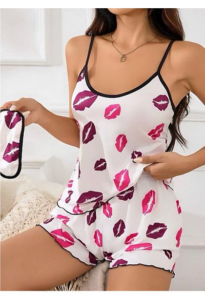 SHINE DESIGN Pantaloni scurti cu bretele cu logo Kiss alb pentru femei