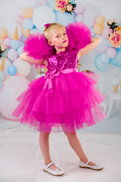 Sevimlice Kids Kız Çocuk Ponpon Kollu Tokalı  Doğumgünü Elbisesi