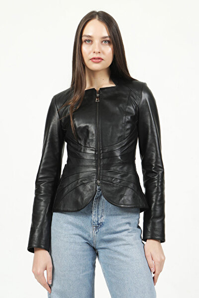 Dericlub Yb2157 معطف نسائي من الجلد الطبيعي باللون الأسود