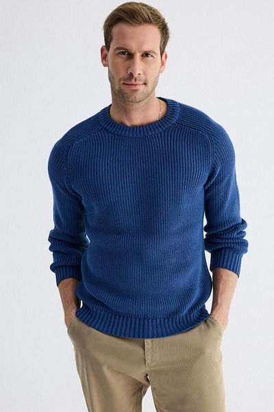 odelon Indigo Men's Knitwear Sweater - Crew Neck, Thessaloniki Knit, Cotton