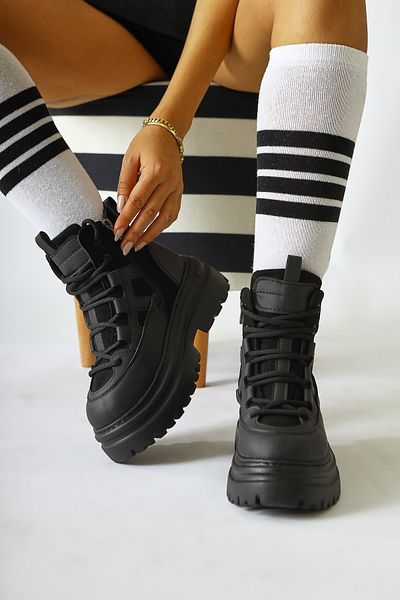 Limoya Kindra Black Suede Λεπτομερείς Αθλητικές Γυναικείες Μπότες με ψηλή σόλα, Γυναικεία Μποτάκια